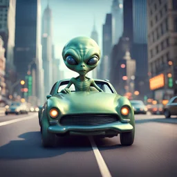 a cartoon alien driving a car down a road in New york, a character portrait by Mike Winkelmann, featured on cgsociety, pop surrealism, rendered in cinema4d, daz3d, behance hd