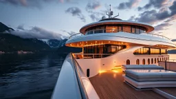 create a photo ,The description should capture the elegance of the luxury modern ship at closeup, the beauty of the surrounding landscape,16 by 9