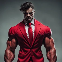 a sinister muscular figure wearing a red suit with a red tie with no face and dirty hair