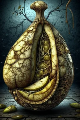 Grunge, woman as a decaying dried out Pear intricately showing its internal structure and seeds, cyberpunk, ultra unique natural textures, slight imperfections, vray.