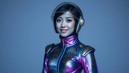 "Artistic photography (((FULL BODY from HEAD TO TOE + profile))), She is a Pleiadian woman with large bright almond-shaped eyes, she is beautiful and smiling, with indigo-purple blue skin, Asian style 40 years old, wearing a one-piece iridescent shimmering skintight spacesuit with gold designs down to her feet, she has pointed shoulder pads and a large high collar, a small cape, and skintight ankle boots the color of her suit with flat heels. She is wearing a transparent sci-fi style space helme