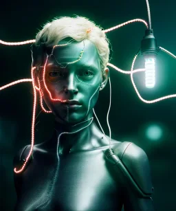 Ultra realistic photographic night portrait, cinematic, <blonde woman> <hanging wires> many wires coming out of the head <perfect pupil> <cyborg arm> <garage> <wide angle Shot> <sci-fi futuristic> <thriller>, fog, soft color, highly detailed, unreal engine 5, ray tracing, RTX, lumen lighting, ultra detail, volumetric lighting, high definition.