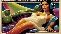 Movie poster for the empire strikes back featuring Princess leia in slave costume reclining in Jabba's, in the style of rockin jelly bean retro futurism surrealism