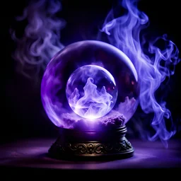 magical crystal ball, surrounded by smokey sorcerous energy, purple lighting, black background