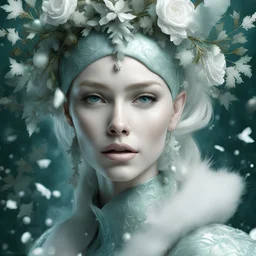 Beautiful silver and. Light blue, gradient green Leaves winter queen portrait, adorned with textured snow flakes, snowy greem mistletoe and pine leaves rococo style headdress wearing organic bio spinal ribbed detail of bioluminescence botanical rococo style costume, white camelia floral baclground, Golden dust and snowflake extremely detailed, textured hyperrealistic maximálist concept art, shot with Sony Alpha a9 Il and Sony FE 200-600mm f/5.6-6.3 G OSS lens, natural light, hyper realistic
