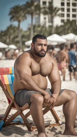 full figure shot photography of a very serious ugly burly muscular strong chubby marocan 32 years old, short beard, shirtless, manly chest, sells colored pareos on a crowded beach, sitting on a beach chair, sunligh, photorealistic, 35mm lens, side light, ambient occlusion