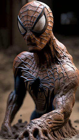spiderman made from mud , mud material, ultra realistic, 4k, ultra detail, full body