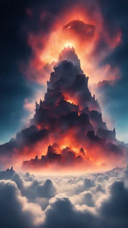 A burning mountain of skulls above the clouds under the galaxies