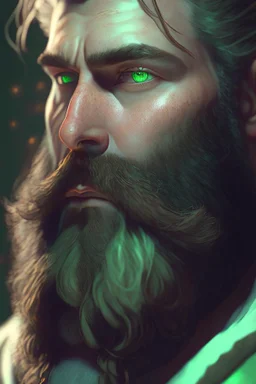 photorealistic white male bearded handsome, hyperdetailed painting, luminism, Bar lighting, complex, dark green miltary, 4k resolution concept art, Artgerm, WLOP, Alphonse Mucha, 3d render, octane render, intricately detailed, cinematic, awesome full color, hand drawn, dark, gritty, cinematic