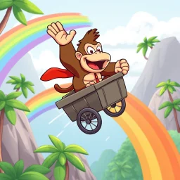 vector Cartoon Donkey Kong riding a rainbow in a cart