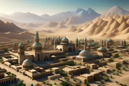 A very large valley desert city surrounded by tall mountains all around the city, elegant temple in the center of the city, hundreds of homes and buildings