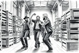 workers dancing in a industry factory with lot of wooden crates , a drawing with sketch lead pencil, no beards and light hair, the music video from AHA style (take on me)