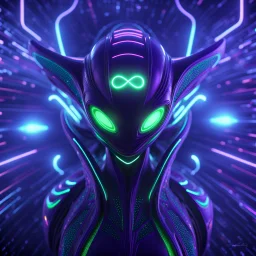 3D infinity symbol ∞ on alien's forehead, infinity figure-of-eight symbol is totally-symmetrical and glowing, exotic, neon, alien, inspiring, fantasy, scientific, friendly, beautiful, octane render, 8k post-production, artstation: award-winning: atmospheric: commanding: fantastical: clarity: 16k: ultra quality: striking: brilliance: liquid medium: stunning colors: amazing depth; lens: f/8, 28mm