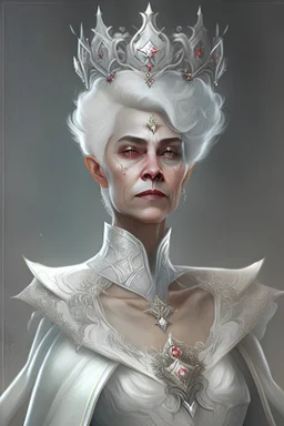 dnd character, queen with white regal dress, short silver hair and an ornate crown