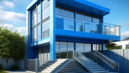 A modern architectural rendering showcases a two-story building with a swimming pool in the foreground. The building's facade is a mix of textures and colors, with a section featuring a rough, gray concrete finish and another part painted in a deep blue. The concrete section has horizontal lines suggesting stacked panels, and it includes windows with light blue frames. A white metal staircase is attached to the blue section of the building, leading upwards. A bridge-like structure with white rai
