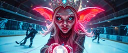 close up portrait of shiny ice queen with magical aura hockey staff, pin hole cam, master oil painting by Rembrandt, d&d glam rock and glitter vampire gremlin illithid and lich playing hockey in ice skating hall or church, in the style of giger and escher, sci fi with floating little saucers