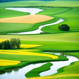 a big dance grass field in country side environment ,green field ,flowers , small river,blue sky pretty clouds ,camera looking at horison