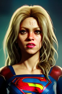 portrait, Shakira, make-up, angry, Realistic image, superhero, retro style, 70s, supergirl, blood, sweat, fog, goddess. Color background, photo studio, concept art, smooth, unreal engine 5, god lights, ray tracing, RTX, lumen lighting, ultra detail, volumetric lighting, 3d, finely drawn, high definition, 4k.