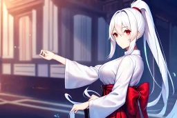 girl, masterpiece, best quality, volumetric lighting, detailed outfit, perfect eyes, long hair, white hair, red eyes, ponytail, hakama,