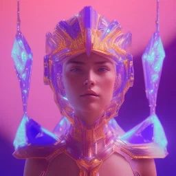 A portrait of a crystalised blue pink extraterrestrial, gold, diamonds, sunny background, atmospheric, realistic, unreal engine, 8k. Cinematic lighting, octane render.