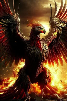 Create a ultra high definition and photorealistic image, 12k quality of a beautiful phoenix, majestic and strength showing, emphasis on texturized claws, upclose with a front view flying towards the camera, centre of an explosive and chaotic background scene of Armageddon where he is followed by demon like dark clouds in persuit trying to grab him, phoenix has striking eyes and determined look, majestic wings folded inwards in flight, bright auburn, black, white, grey and yellow colours, gothic