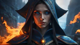 18 year old female sorcerer. beautiful eyes. black smoke. blue and orange fire. end of the world. amagedon. ragnarok. exquisite realism, a masterpiece, fantasy concept art, dynamic lighting, hyperdetailed, intricately detailed, deep color, Unreal Engine, volumetric lighting , Epic cinematic brilliant stunning intricate meticulously detailed dramatic atmospheric maximal,