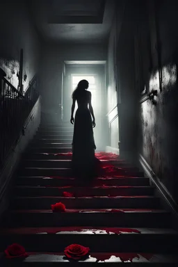 a broken red rose and a broken, bloody, torn, beaten woman lie at the bottom of a dirty staircase. At the top of the stairs stands the silhouette of a massive man, behind him a small light leaks through an open door, dramatic, gloomy atmosphere, sad, weird, dark colors, cinematic, realistic picture