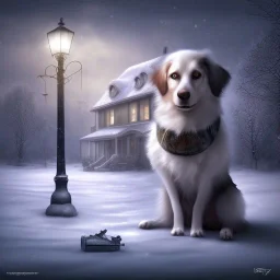 sad, abandoned, miserable dog tied to a pole outside with family home and a shadowy figure in the background, winter, loneliness, 8k resolution, high-quality, fine-detail, iridescent, intricate, digital art, detailed matte, volumetric lighting, illustration, 3D octane render, brian froud, howard lyon, selina french, anna dittmann, annie stokes, lisa parker, greg rutowski