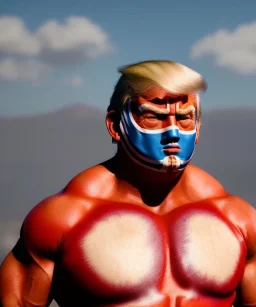 Realistic image of Donald trump wrestler, Mexican wrestling style, Mexican wrestling mask, chin and nose visibles, red and blue breeches, glow us flag dress, suspenders, retro style, 80s, vibrant color, highly detailed, sky background, concept art, unreal engine 5, god rays, ray tracing, RTX, lumen lighting, ultra detail, volumetric lighting, 3d, finely drawn, high definition, high resolution.