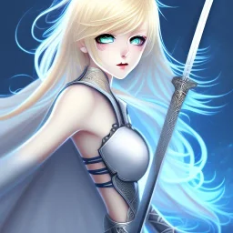 blond anime girl with dark blue eyes holding sword