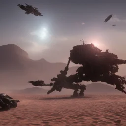 Armored Core machine robot fights another Armored Core fly in the sky in the desert with the ocean where you can see the space in the sky with the twilight on the horizon, 4k resolution