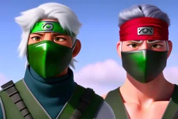 Kakashi Hatake, Shinobi, white hair, face mask, leaf ninja headband, Left eye red, Green military-style Ninja vest,