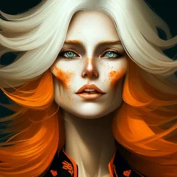 fantasy setting, woman, two-toned streaked orange and white hair, wavy hair, freckles, ranger, more white hair, more orange hair, more streaked hair