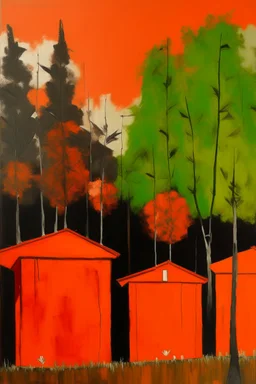Dark orange treetops with birdhouses painted by Mark Rothko