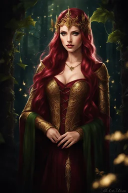 Burgundy hair, dark hair,dark red , rapunzel hair,very long hair,dark fairy princess,elven crown,night,dragonflies,beautiful,ong ashes,golden armor ,sparkle,night blooming,ivy,dark green,lilly of valley,golden elven crown,elven warrior,dark gold armor,extremely long hair