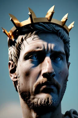 Ultra Realistic image, Roman sculpture, white marble material, Lionel Messi, gold crown of natural thorns, god crown, Renaissance style, sun rays background, waist up portrait, epic, celestial, cinematic lighting, God lights, 4k resolution, smooth details, soft lighting, unreal engine 5, art station, substance 3d.