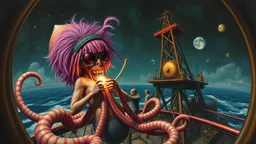 master oil painting by Rembrandt, roller coaster hypno psycho alien squid with rocker wig breast feeding with some bad ass power off shore oil platform cyber punk people experiencing gravity at its worst, pin hole cam, twisted perspective, goa trance music poster, awake within a dream