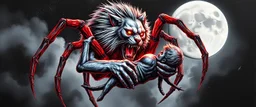 gritty air brush 3d with pen outline, vampire space spider lion cat holding a human in its grip