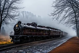 An old vintage train station on a foggy day, add deep dark color and reflections in and around the old stempunk train