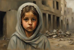 Grey sky, crying little palestinian girl wearing kuffeah , rocks, destroyed buildings , emotional influence, friedrich eckenfelder and willem maris impressionism paintings