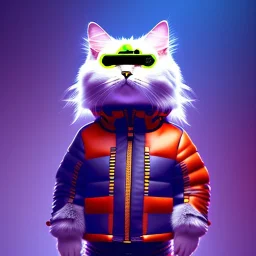 Scottish cat toddler, smile, cyberpunk headphone, sunglass, gangsta neckless, full body, orange puffer jacket, tokio background, dramatic lighting, hyper realistic, unreal engine 5, 16k