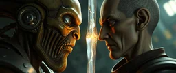 Close-up confrontation between an ancient alien outcast leader synth and a space broker, standing only a meter apart, intense eye contact, glowing crystalline rod between them, anger mixed with sadness, dramatic facial expressions, shallow depth of field, cinematic lighting, stylized 3D anime, airbrush painting, crisp outlines, escher , rembrandt and titian, fallout 4