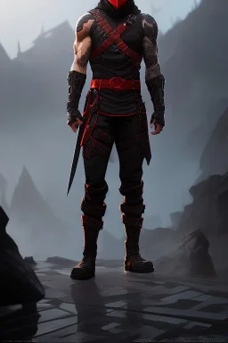 muscular ninja assassin, athletic build, wearing black and red baggy pants with pockets, dark hood and balaclava mask, tan skin, big boots, two daggers, dark hazel eyes, eyes are both in proportion and green, 3/4 look, short brown hair, standing, dark cobblestone alley, one vertical white light behind head, non photorealistic rendering in the art style of j.scott campbell