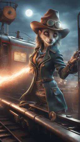 flashy magazine cover illustration, fallout 4 docks setting, horror weird cowboy wizard cyberpunk weasel in female garments on top of train ,holding dynamite, getting hit by lightening electric arc, with big disturbed eyes,bokeh like f/0.8, tilt-shift lens 8k, high detail, smooth render, down-light, unreal engine, prize winning