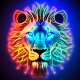 A beautiful portrait of a cyborg lion blue neon color scheme, high key lighting, volumetric light high details psychedelic background