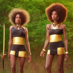 Biologically Female Twins, black skin, tall and slender, long afro kinky hair,big brown eyes, warrior wear. Gold accents on clothing. Surround by trees. Holding golden spears. Starry night