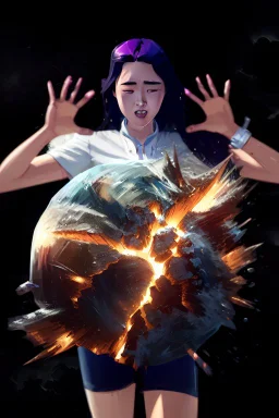 An image of a young Korean woman with a eyes closed expression happy, holding her hands up as if she is reacting to a catastrophic event in front of her. Film, cinematic, realistic, extreme depth of field, She is wearing a white blouse with detail, blue shorts, and sunglasses pushed up onto her head. In front of her, there is a highly detailed planet resembling Earth, dramatically cracking and breaking apart with fiery explosions and molten lava visible at the fractures.