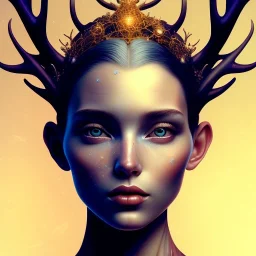 The painting on Behance portrays a female humanoid figure wearing a crown made of antlers. The artwork is inspired by artists such as Yoann Lossel, Sylvain Sarrailh, Igor Morski, Beeple, and James Jean, with an Afrofuturist theme. The high level of detail in the painting is noteworthy, with the woman depicted as having dark skin and wearing a crown of dried flowers, which is reminiscent of the style of artist Tom Bagshaw. The color and detail of the painting are particularly striking, making for