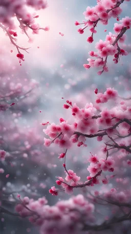 Paradise on earth, piece by piece, cloudy and misty, pink plum blossoms, red plum blossoms, snowflakes fluttering, foggy background, ultra high-definition, bright colors, ultra-detail, hazy, splashing, aesthetic scenery, ultra-high definition, crisp quality, award-winning, 4k, 3D, wallpaper, very attractive, beautiful, fantasy, imperial colors, pixel art