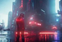 3D, beautiful, light reflecting, empty future city at night, rainy night, neon, cyberpunk, tron, person with helmet walking, 8k, finely detailed, photo realistic